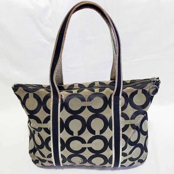 Coach Poppy Tote Op Art Glam Signature Logo Bag Purse Black Gray Silver 13826 - Picture 2 of 14
